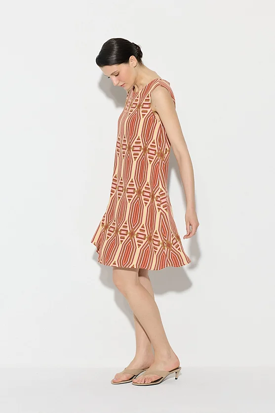Geometric Pattern Viscose Linen Dress - Pink - Gusto