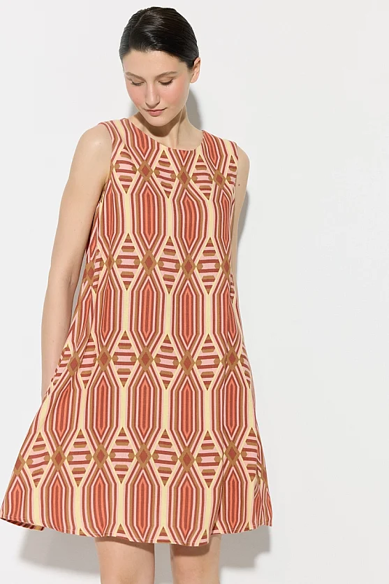 Geometric Pattern Viscose Linen Dress - Pink - Gusto
