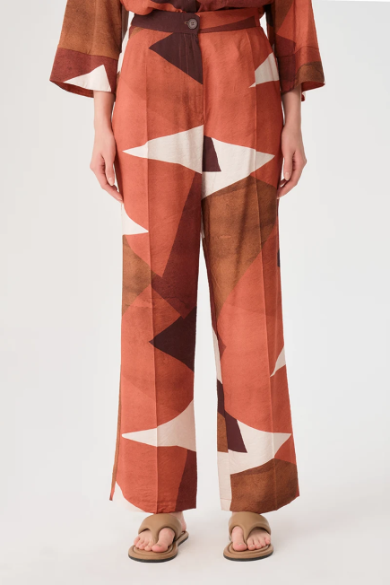 Geometric Pattern Wide-Leg Pants - Terracotta Brick-red