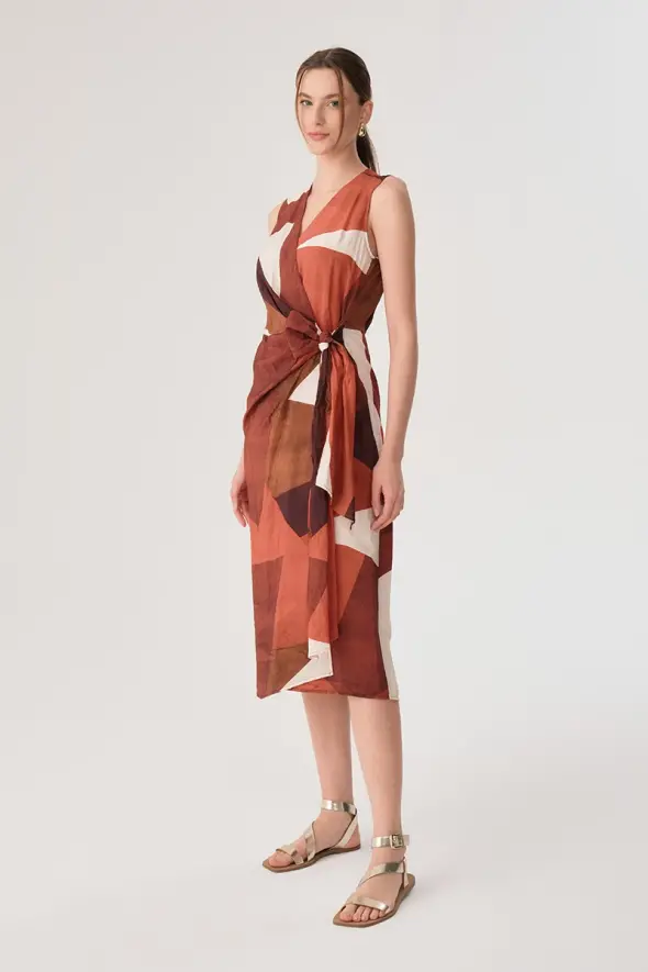 Geometric Pattern Wrap Dress - Terracotta - 2