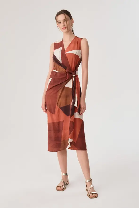 Geometric Pattern Wrap Dress - Terracotta - 4