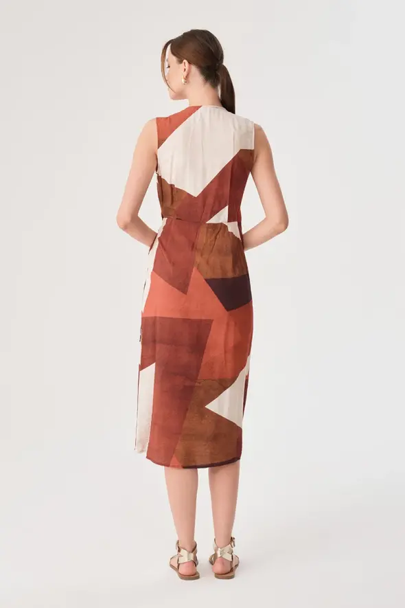 Geometric Pattern Wrap Dress - Terracotta - 8