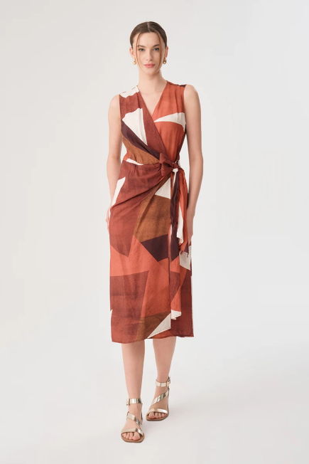 Geometric Pattern Wrap Dress - Terracotta Brick-red