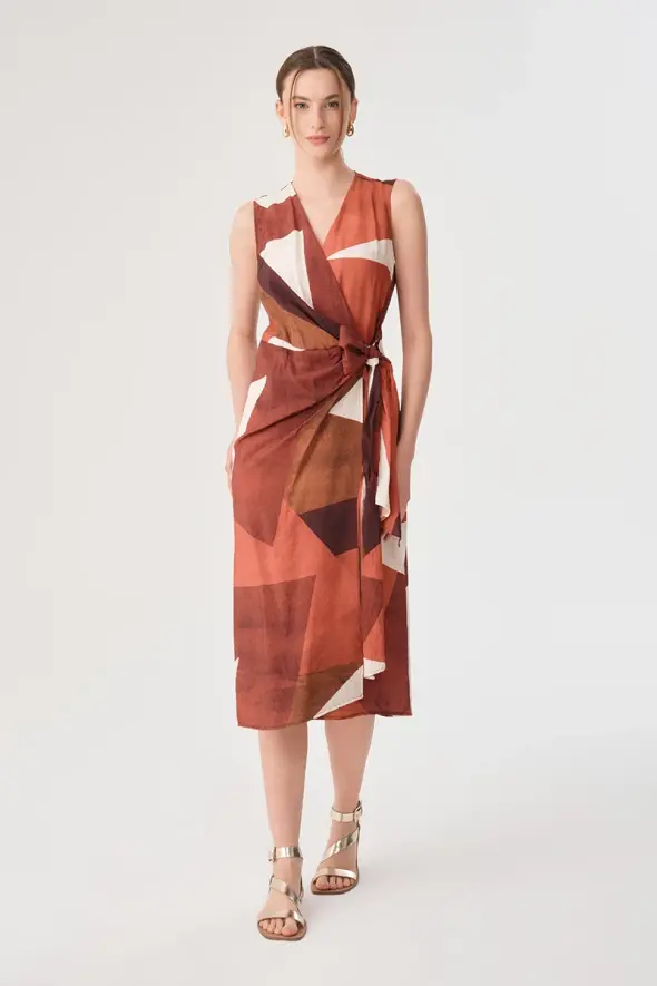Geometric Pattern Wrap Dress - Terracotta - 1