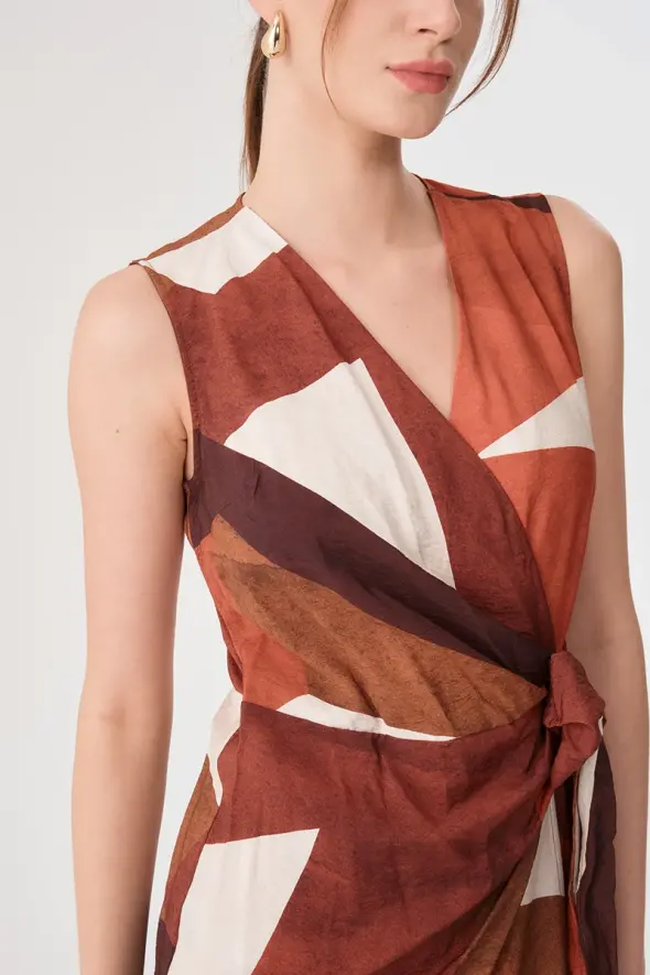 Geometric Pattern Wrap Dress - Terracotta - 7