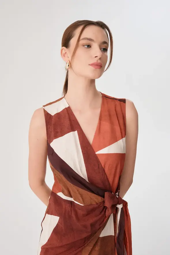 Geometric Pattern Wrap Dress - Terracotta - 5