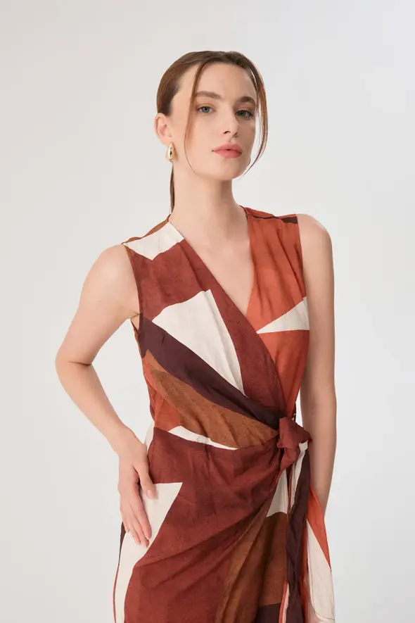 Geometric Pattern Wrap Dress - Terracotta - 6