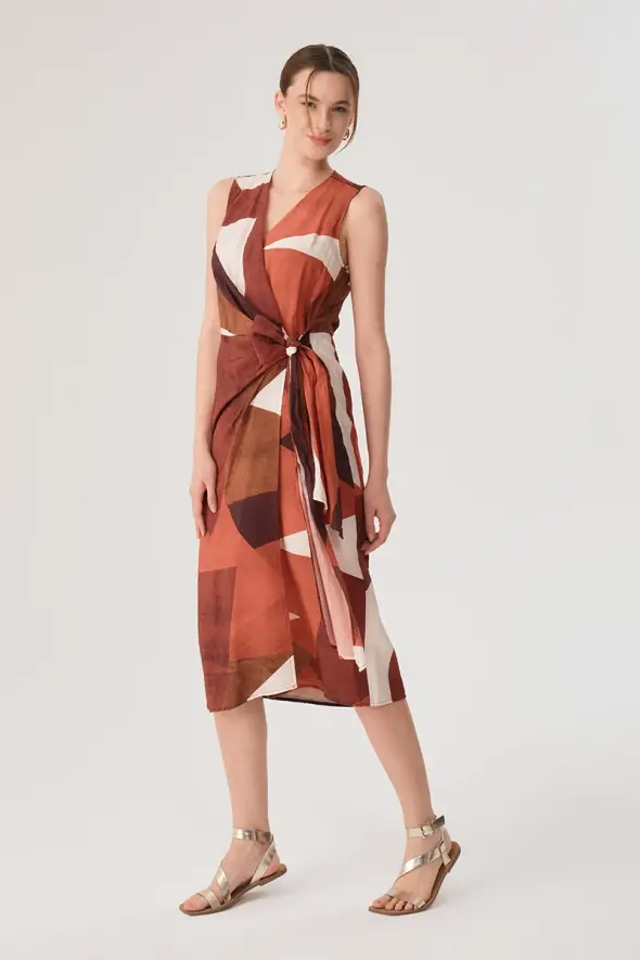 Geometric Pattern Wrap Dress - Terracotta - 3