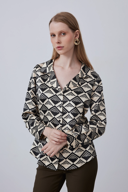 Geometric Patterned Satin Shirt - Ecru Ecru