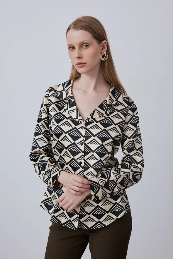 Geometric Patterned Satin Shirt - Ecru - 1