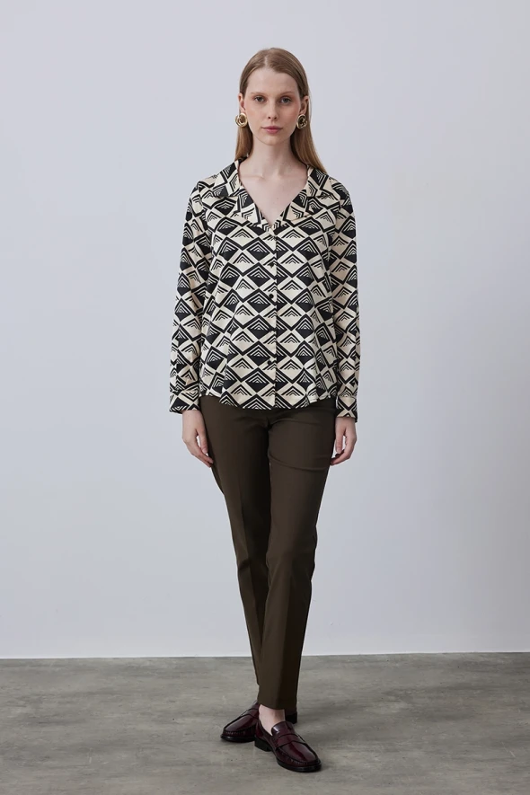 Geometric Patterned Satin Shirt - Ecru - 2