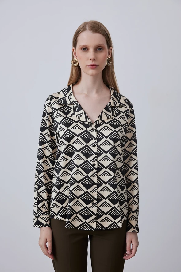 Geometric Patterned Satin Shirt - Ecru - 3