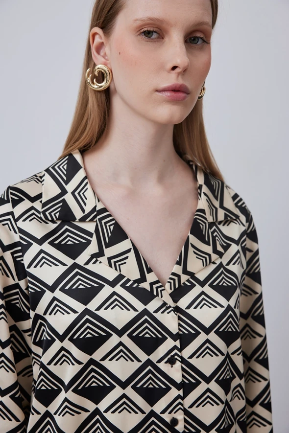 Geometric Patterned Satin Shirt - Ecru - 4