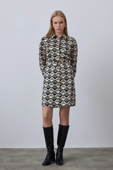 Geometric Patterned Shirt Dress - Ecru Ecru