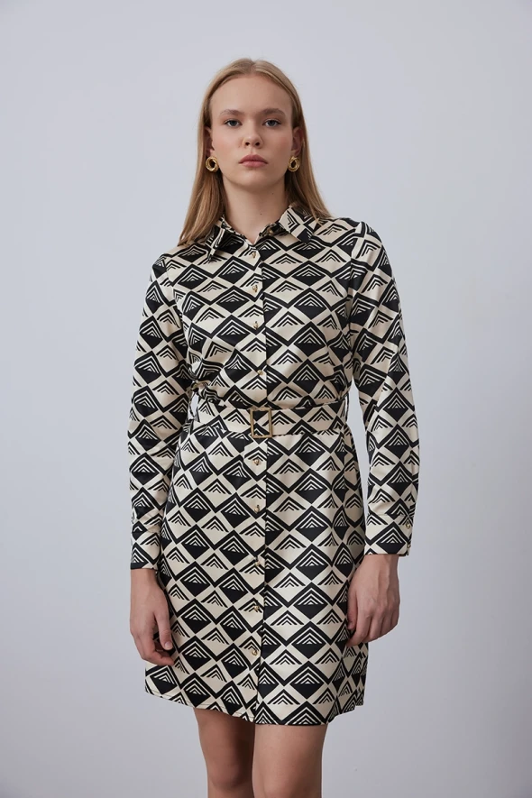 Geometric Patterned Shirt Dress - Ecru - 2