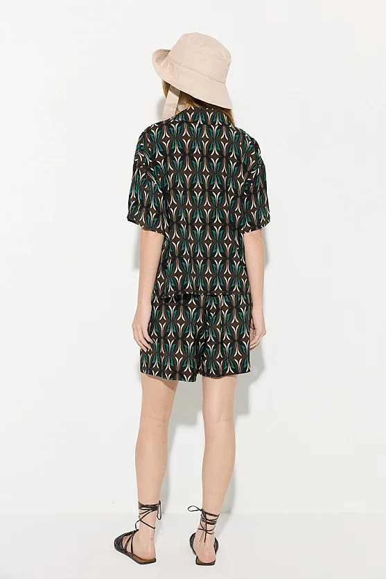 Geometric Print Drop Sleeve Viscose Shirt - Brown - Gusto