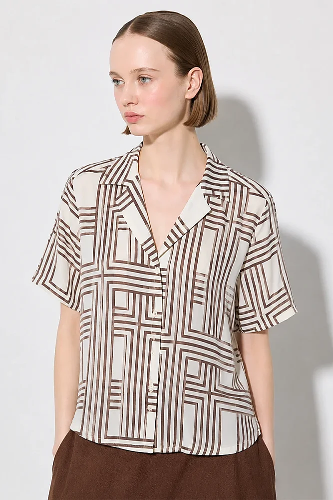 Geometric Print Short Sleeve Tencel Shirt - Brown Brown