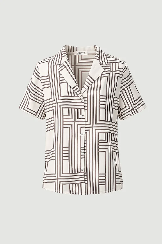 Geometric Print Short Sleeve Tencel Shirt - Brown - Gusto