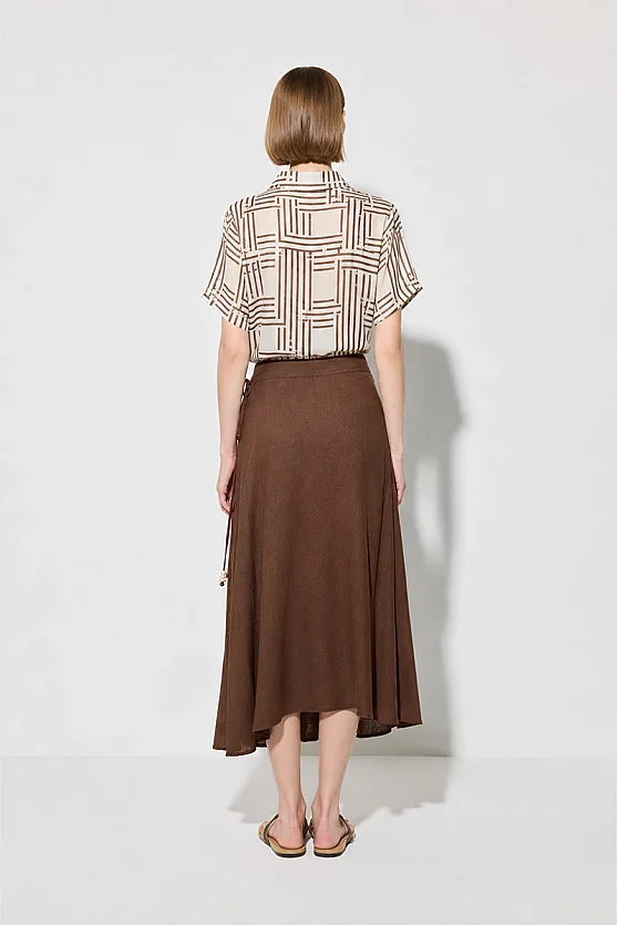 Geometric Print Short Sleeve Tencel Shirt - Brown - Gusto