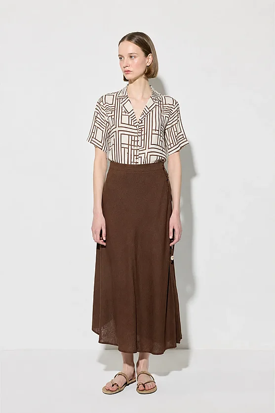 Geometric Print Short Sleeve Tencel Shirt - Brown - Gusto