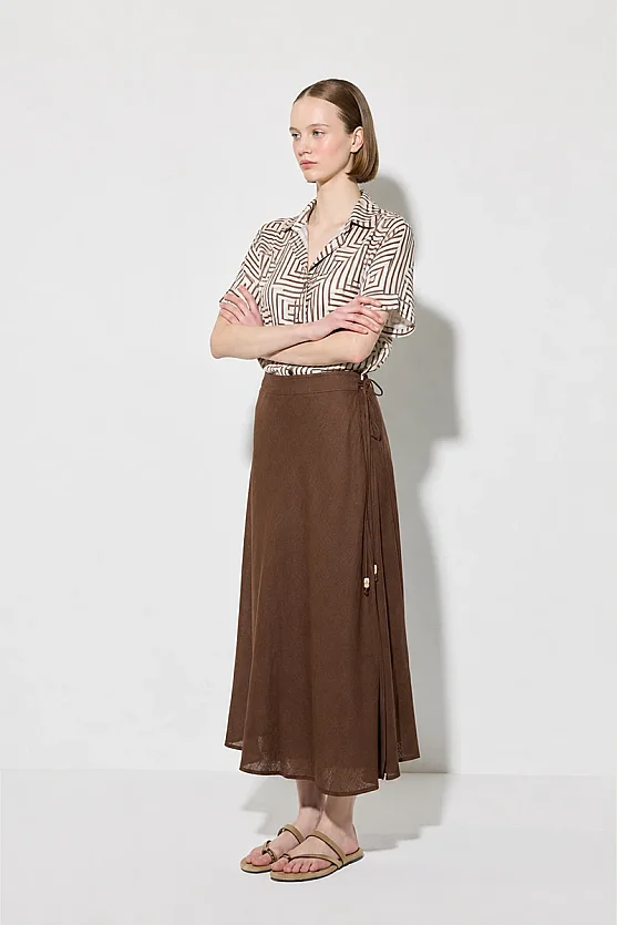 Geometric Print Short Sleeve Tencel Shirt - Brown - Gusto