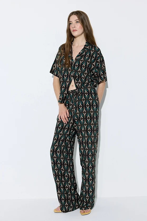Geometric Print Viscose Wide Leg Trousers - Brown - Gusto