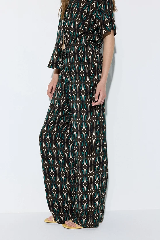 Geometric Print Viscose Wide Leg Trousers - Brown - Gusto