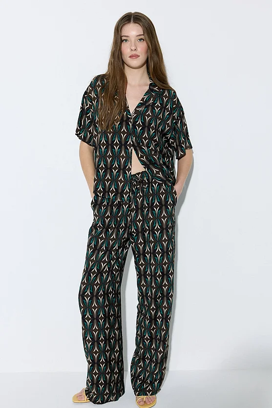 Geometric Print Viscose Wide Leg Trousers - Brown - Gusto