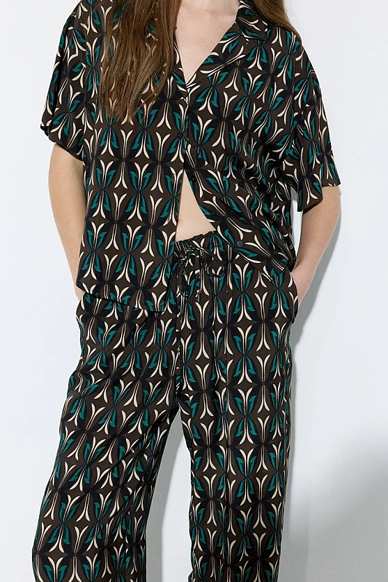 Geometric Print Viscose Wide Leg Trousers - Brown - Gusto