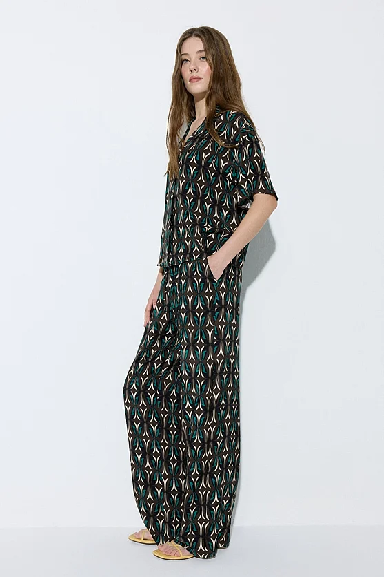 Geometric Print Viscose Wide Leg Trousers - Brown - Gusto