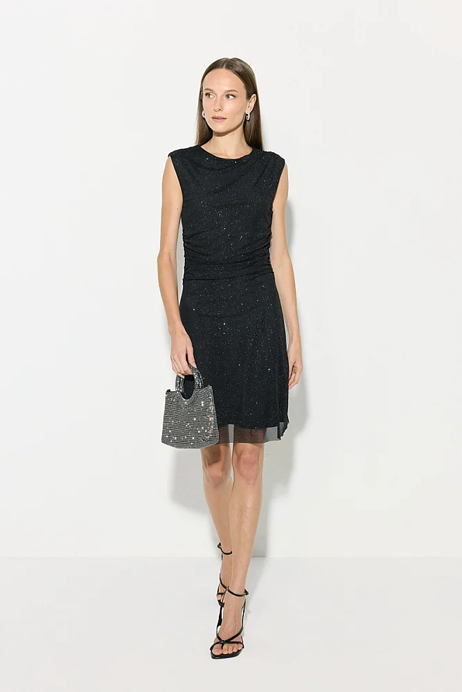 Glitter Gathered Evening Dress - Black Black