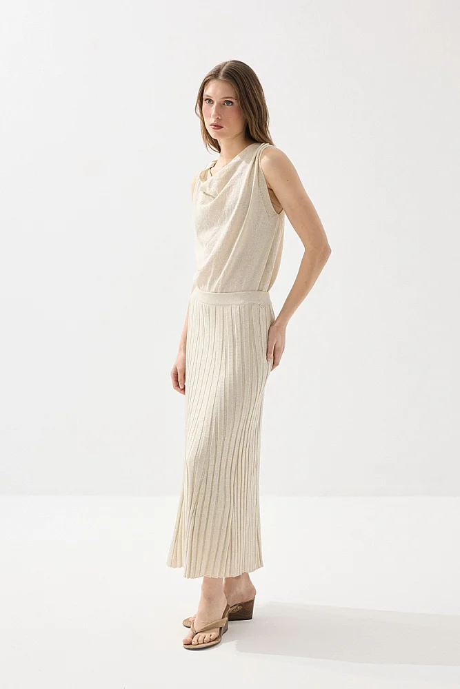 Glitter Knit Pleated Skirt - Beige - Gusto