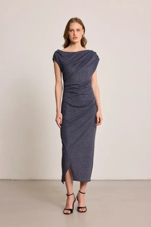 Glitter Ruched Long Evening Dress - Grey - 1