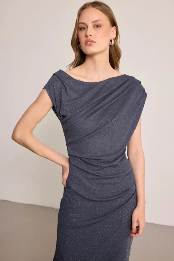 Glitter Ruched Long Evening Dress - Grey - 2
