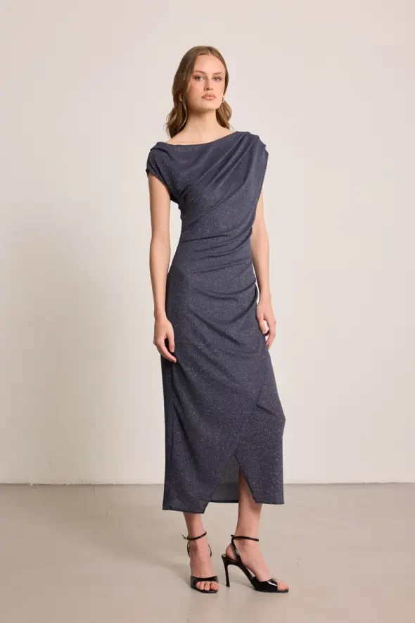Glitter Ruched Long Evening Dress - Grey - 4