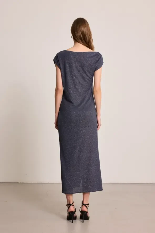 Glitter Ruched Long Evening Dress - Grey - 5