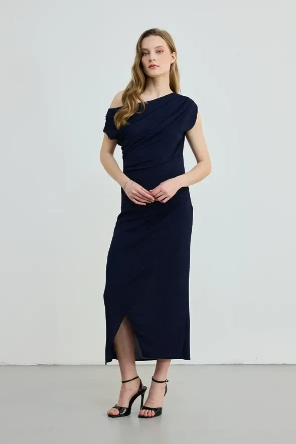 Glitter Ruched Long Evening Dress - Navy - 1