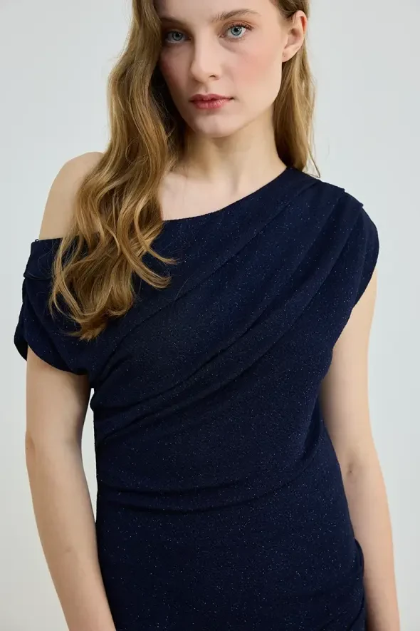 Glitter Ruched Long Evening Dress - Navy - 2