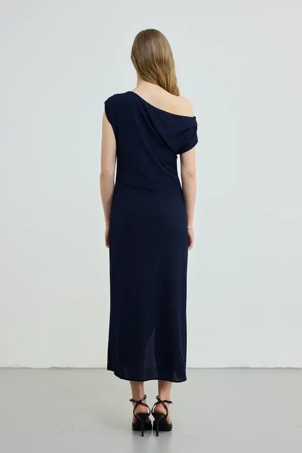 Glitter Ruched Long Evening Dress - Navy - 3
