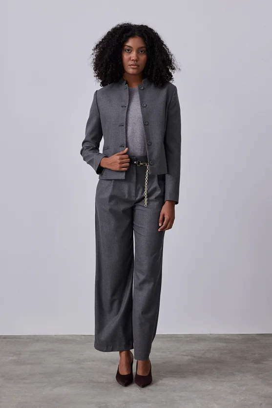 Glitter Striped Mandarin Collar Jacket - Gray - 2