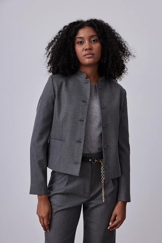 Glitter Striped Mandarin Collar Jacket - Gray - Gusto