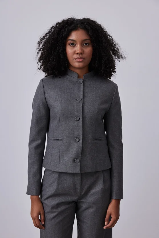 Glitter Striped Mandarin Collar Jacket - Gray - Gusto