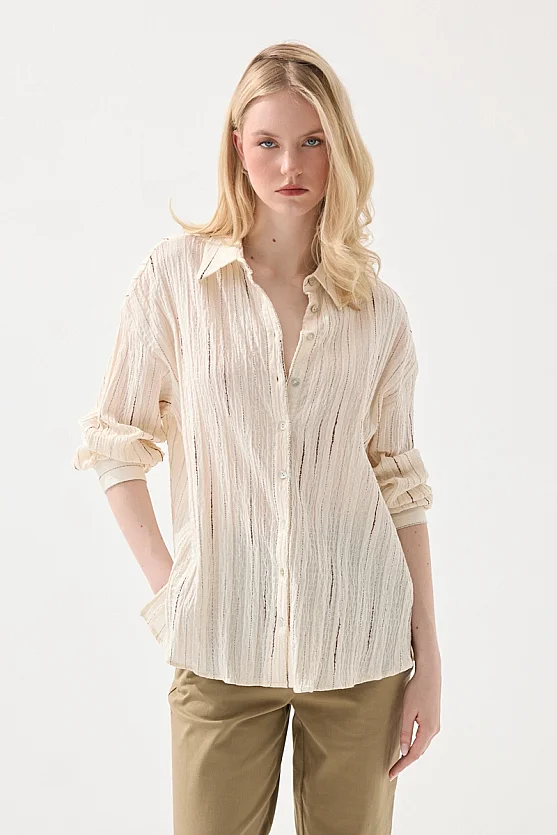 Glitter Striped Muslin Cotton Shirt - Ecru - Gusto
