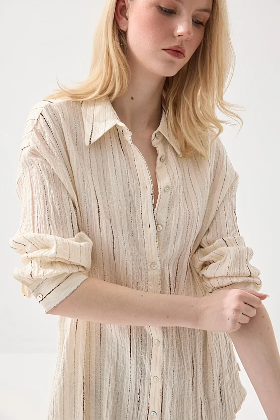 Glitter Striped Muslin Cotton Shirt - Ecru - 3