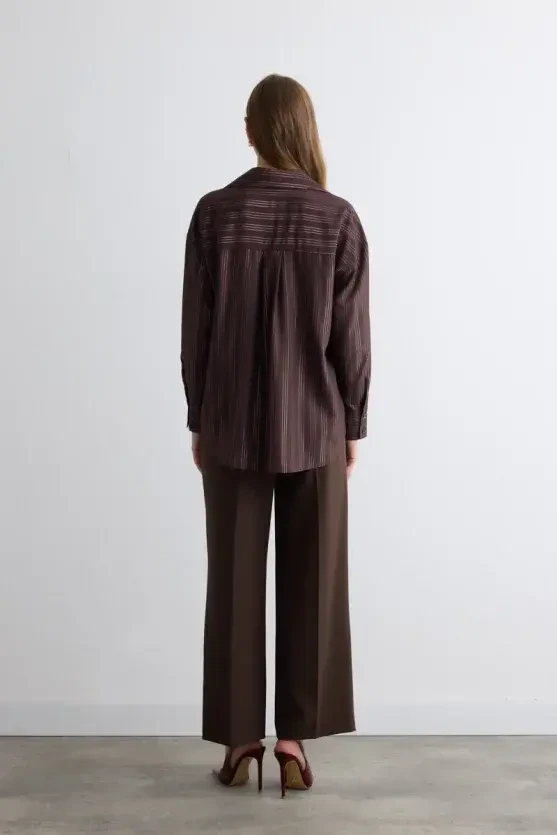 Glitter Striped Relaxed Fit Shirt - Brown - 4