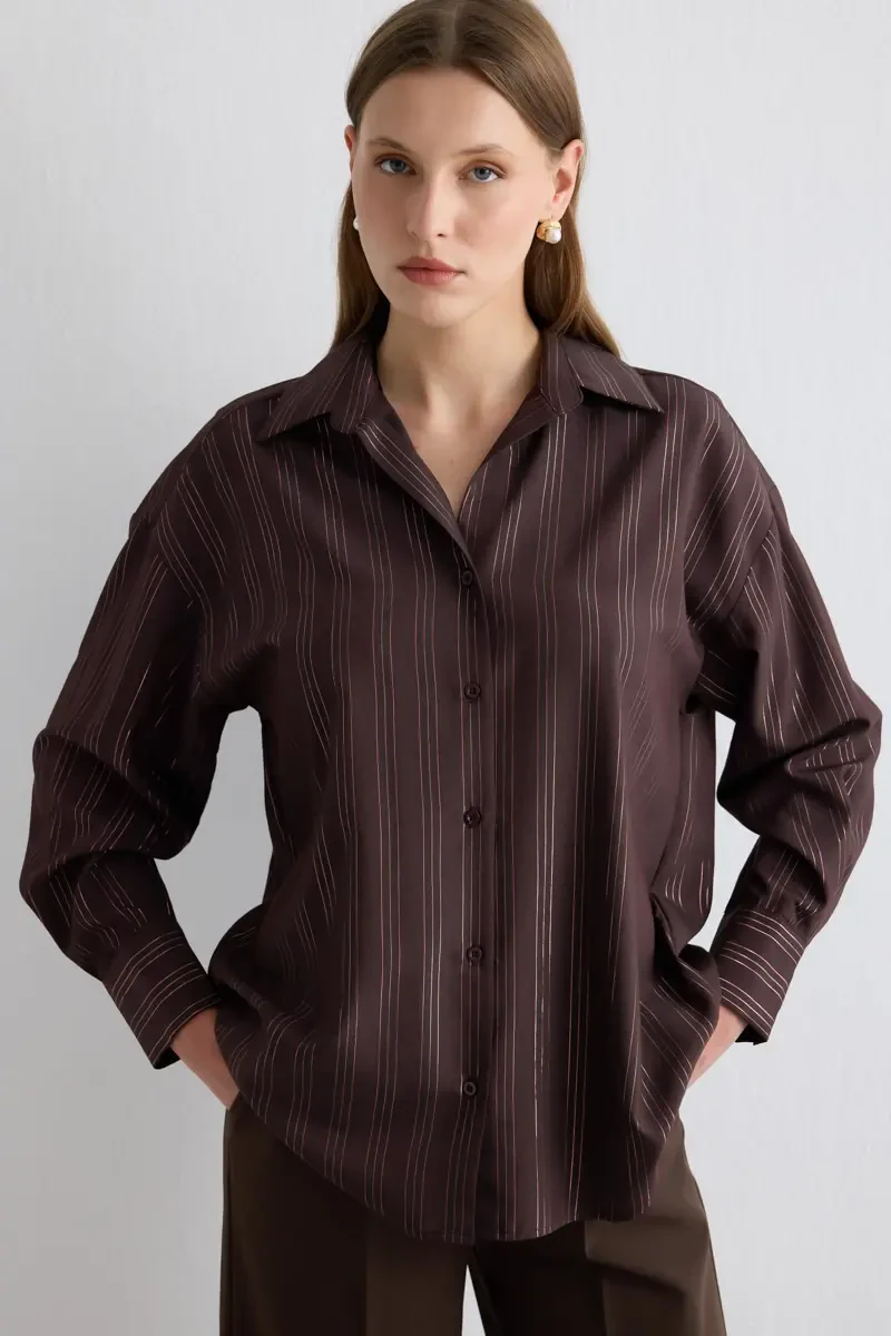 Glitter Striped Relaxed Fit Shirt - Brown - Gusto