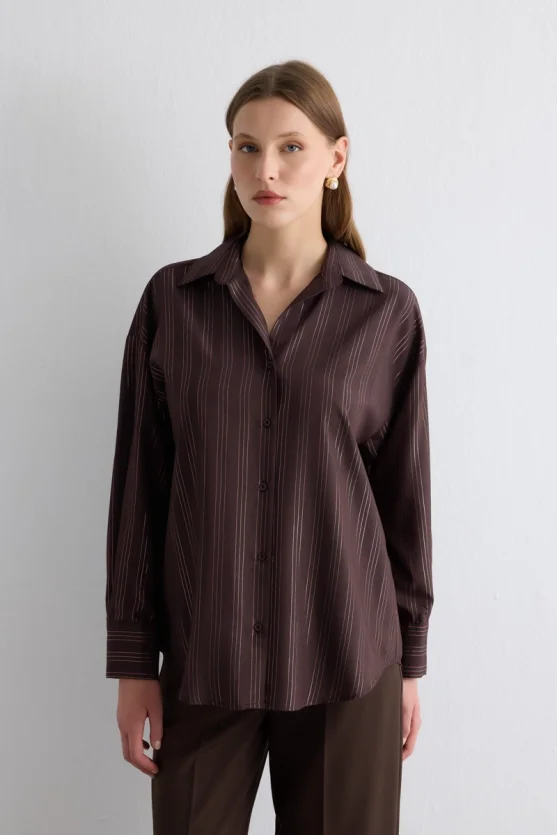 Glitter Striped Relaxed Fit Shirt Brown - 3