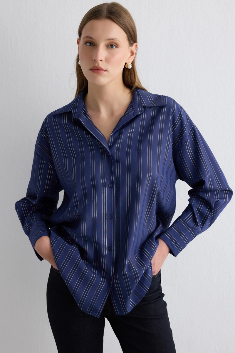 Glitter Striped Relaxed Fit Shirt - Navy