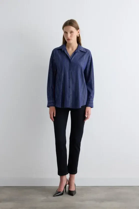 Glitter Striped Relaxed Fit Shirt - Navy - Gusto