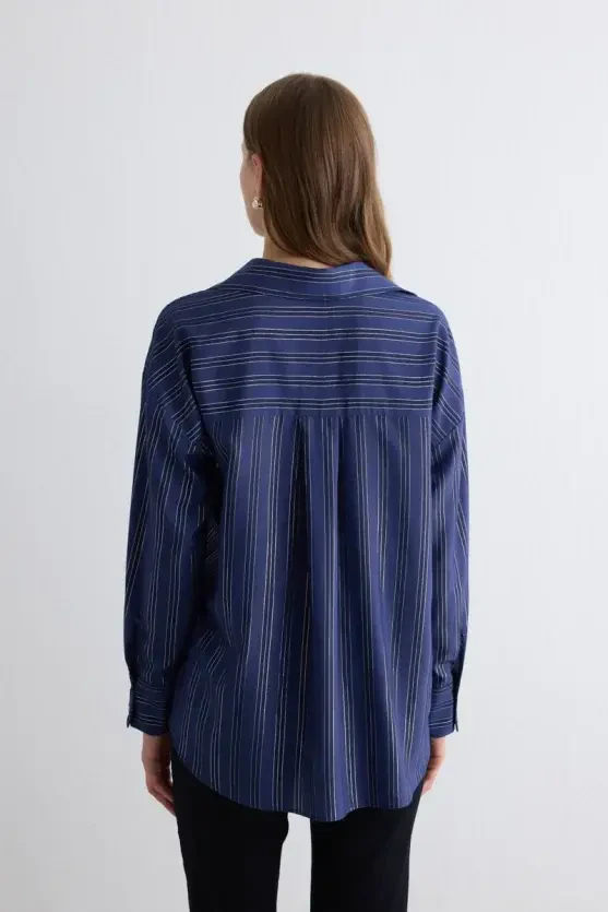Glitter Striped Relaxed Fit Shirt - Navy - 4